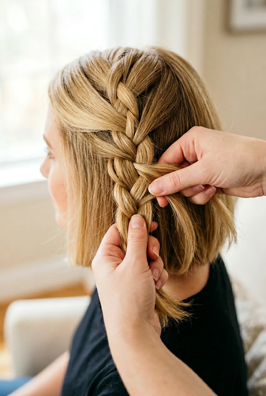 Hands demonstrating Dutch braiding technique on chin-length bob hair