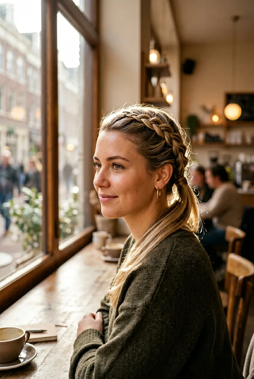 Woman with Dutch braid leading into sleek low ponytail in soft natural lighting