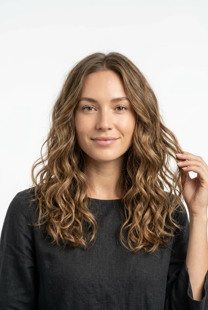 Honey blonde woman with Dutch crown braid creating raised headband effect around head
