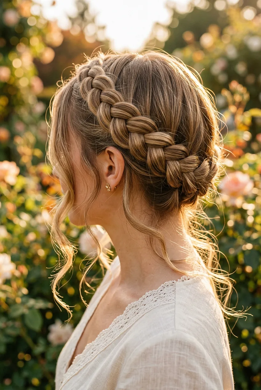 Dutch crown braid wrapping around head with loose romantic face-framing pieces in golden light