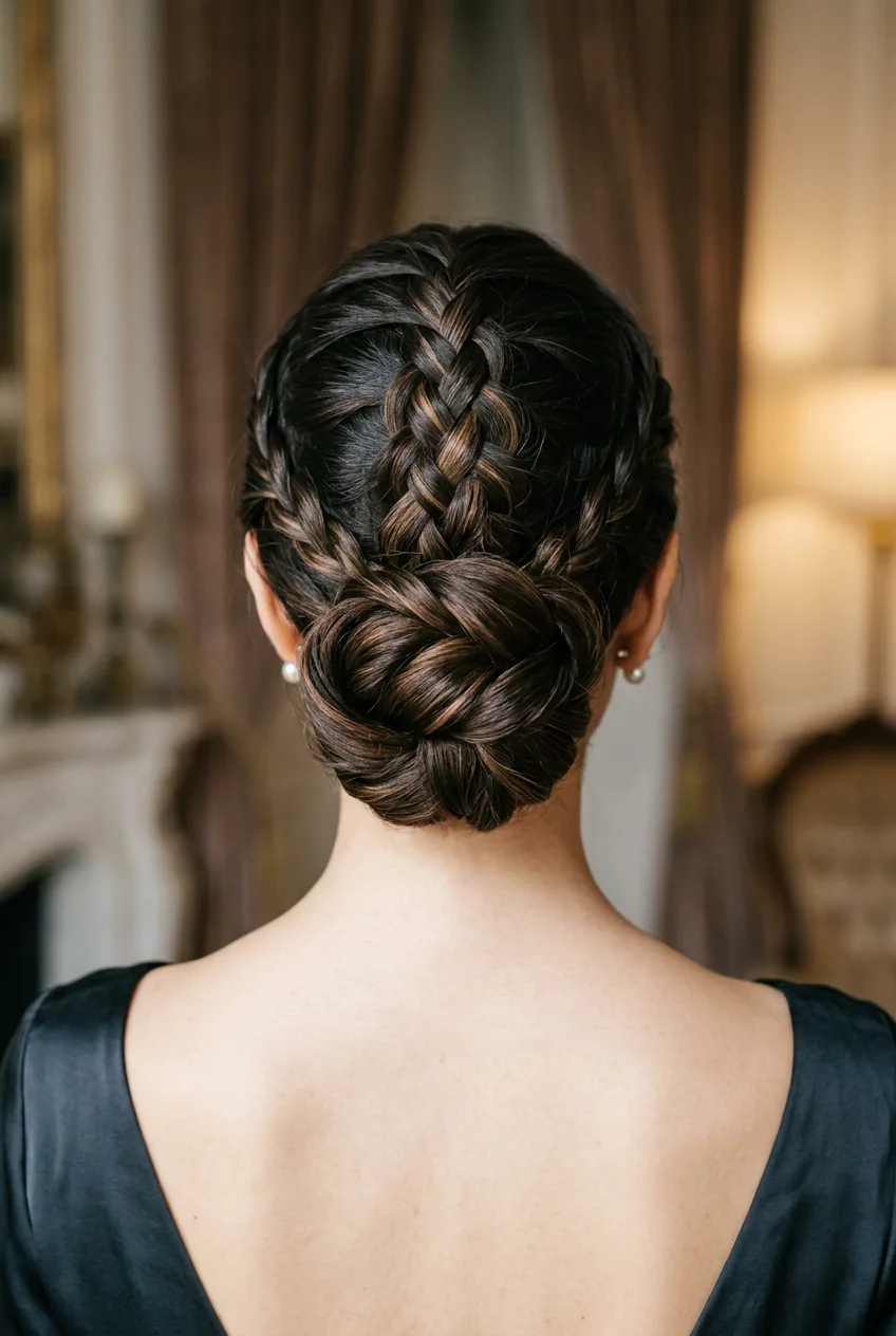 Back view of sophisticated Dutch twist updo with braided base leading to twisted chignon in dark hair