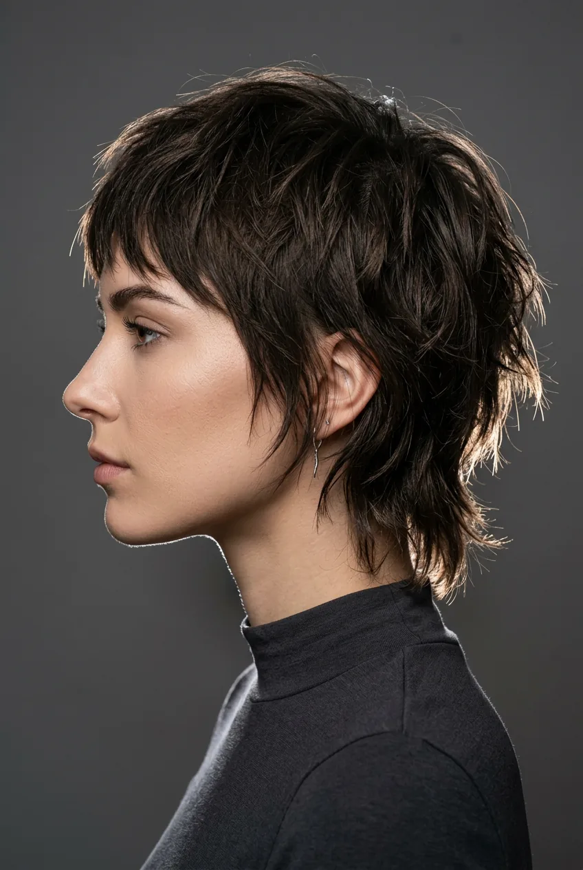 Woman with edgy razor-cut shag featuring deliberately uneven lengths and sharp edges