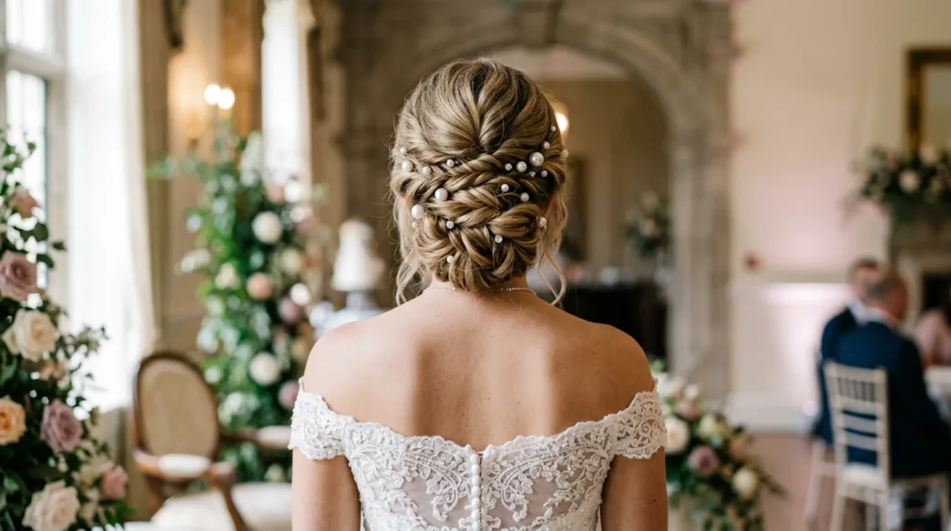 Elegant bridal bun hairstyle from behind showing twisted updo with pearl hair pins