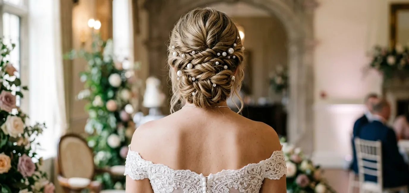 Elegant bridal bun hairstyle from behind showing twisted updo with pearl hair pins