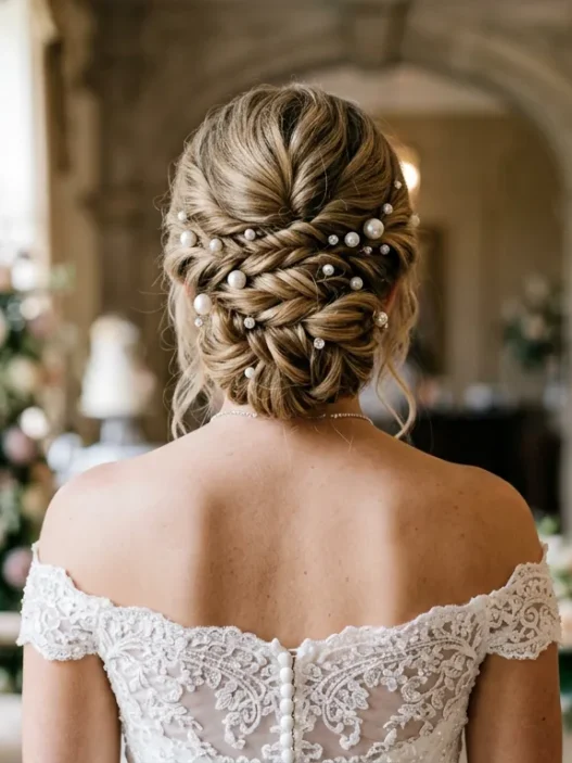 Elegant bridal bun hairstyle from behind showing twisted updo with pearl hair pins