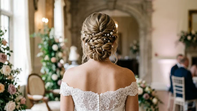 Elegant bridal bun hairstyle from behind showing twisted updo with pearl hair pins