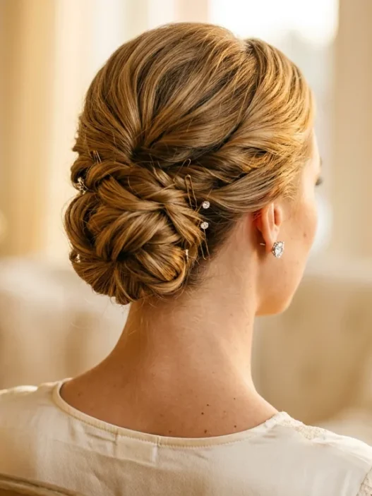Elegant low chignon showing bobby pin placement at nape of neck with diamond earrings visible