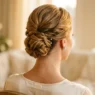 Elegant low chignon showing bobby pin placement at nape of neck with diamond earrings visible