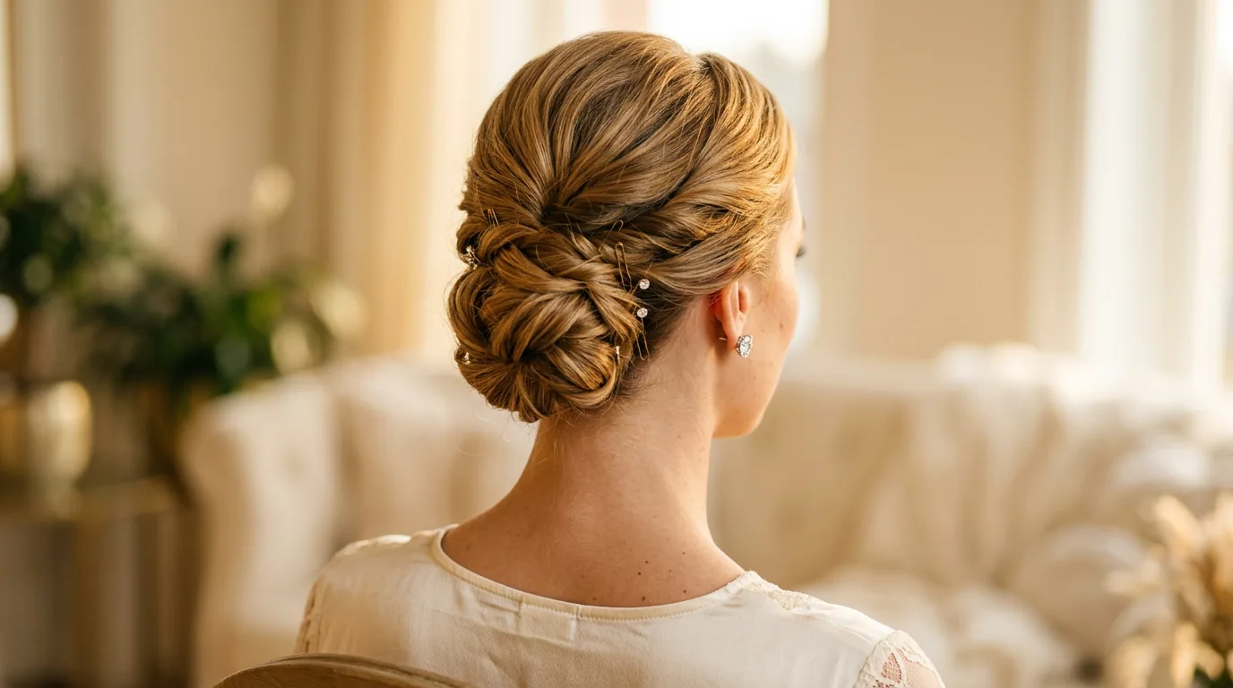 Elegant low chignon showing bobby pin placement at nape of neck with diamond earrings visible