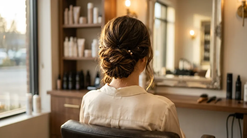 Elegant completed updo hairstyle on long-haired woman viewed from behind in soft romantic lighting