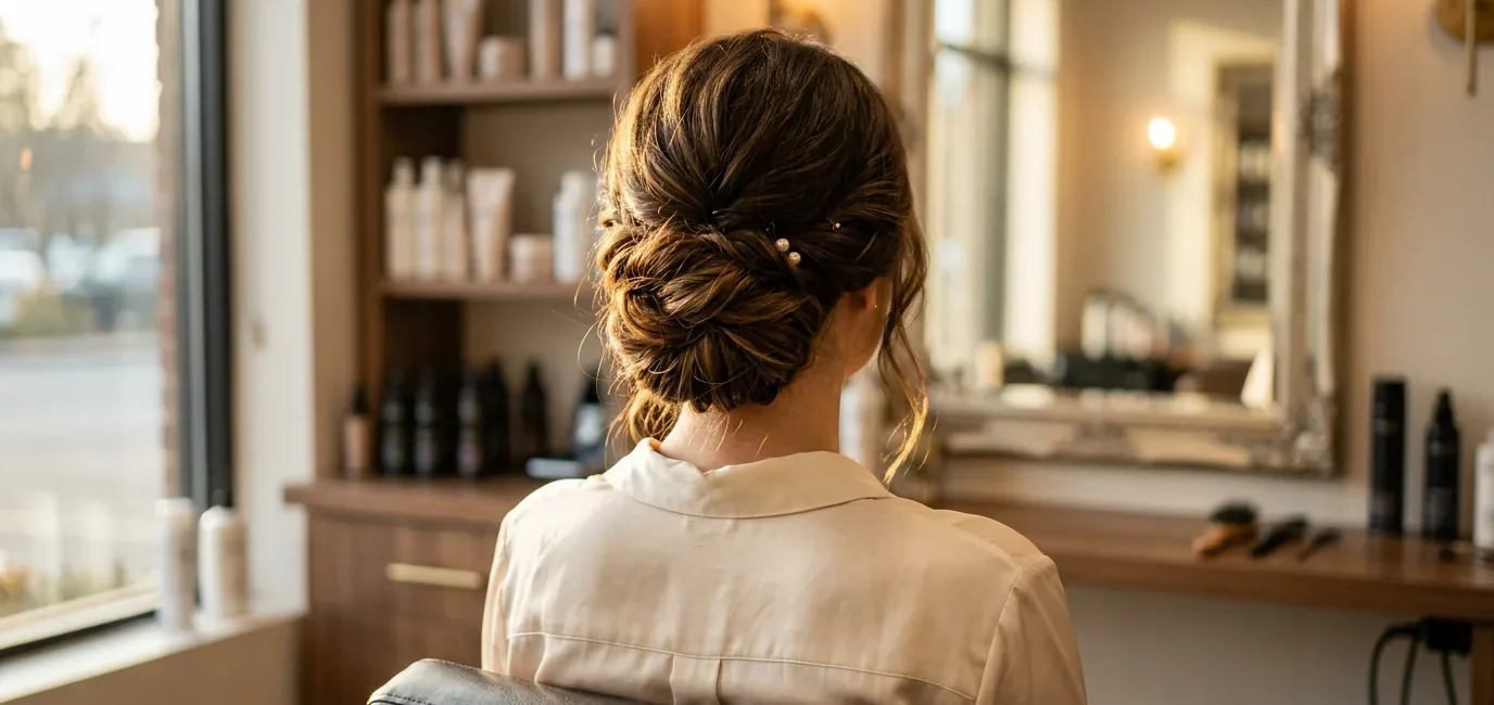 Elegant completed updo hairstyle on long-haired woman viewed from behind in soft romantic lighting