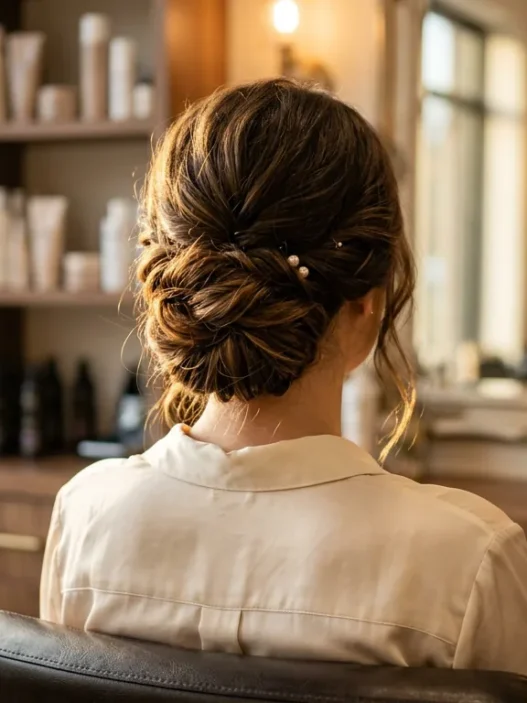 Elegant completed updo hairstyle on long-haired woman viewed from behind in soft romantic lighting
