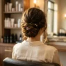 Elegant completed updo hairstyle on long-haired woman viewed from behind in soft romantic lighting