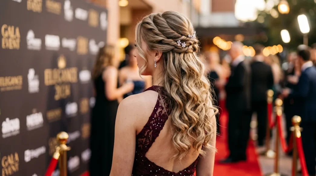 Young woman wearing elegant half up prom hairstyle with twisted crown and romantic curls at formal event