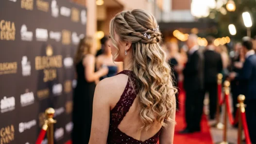 Young woman wearing elegant half up prom hairstyle with twisted crown and romantic curls at formal event