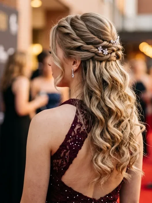 Young woman wearing elegant half up prom hairstyle with twisted crown and romantic curls at formal event