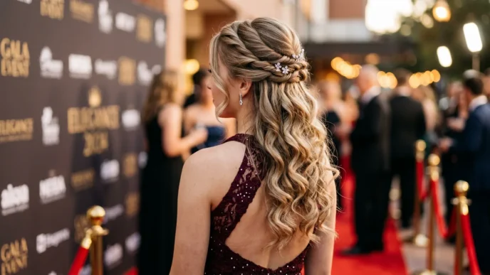 Young woman wearing elegant half up prom hairstyle with twisted crown and romantic curls at formal event