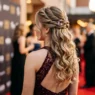 Young woman wearing elegant half up prom hairstyle with twisted crown and romantic curls at formal event