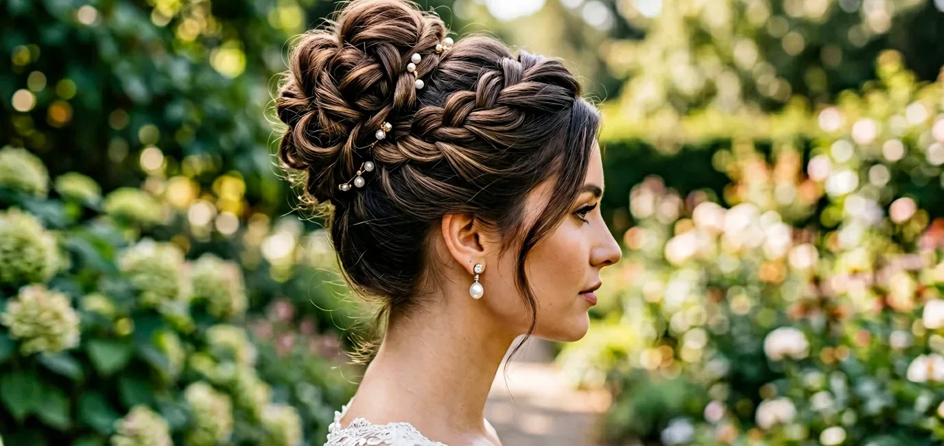 Woman with elegant high updo showing twisted sections and pin placement in natural lighting