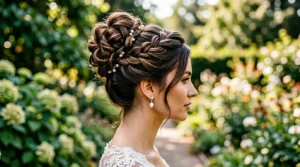 Woman with elegant high updo showing twisted sections and pin placement in natural lighting