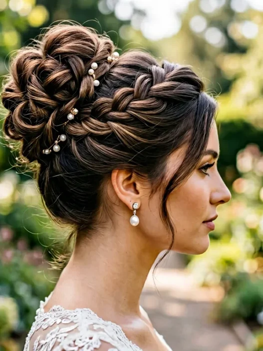 Woman with elegant high updo showing twisted sections and pin placement in natural lighting