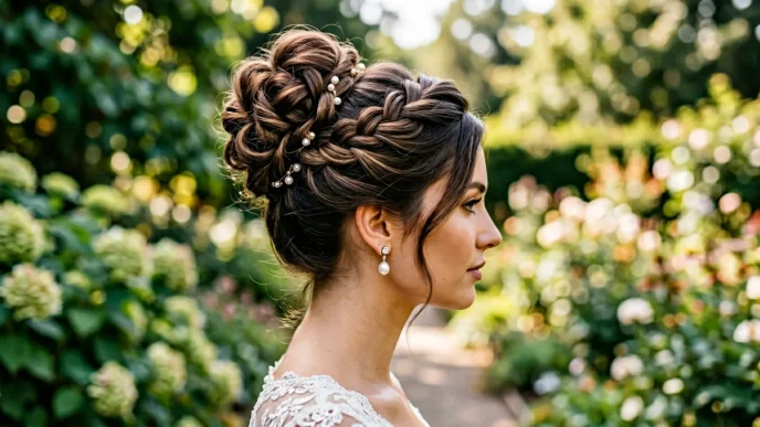 Woman with elegant high updo showing twisted sections and pin placement in natural lighting