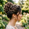 Woman with elegant high updo showing twisted sections and pin placement in natural lighting