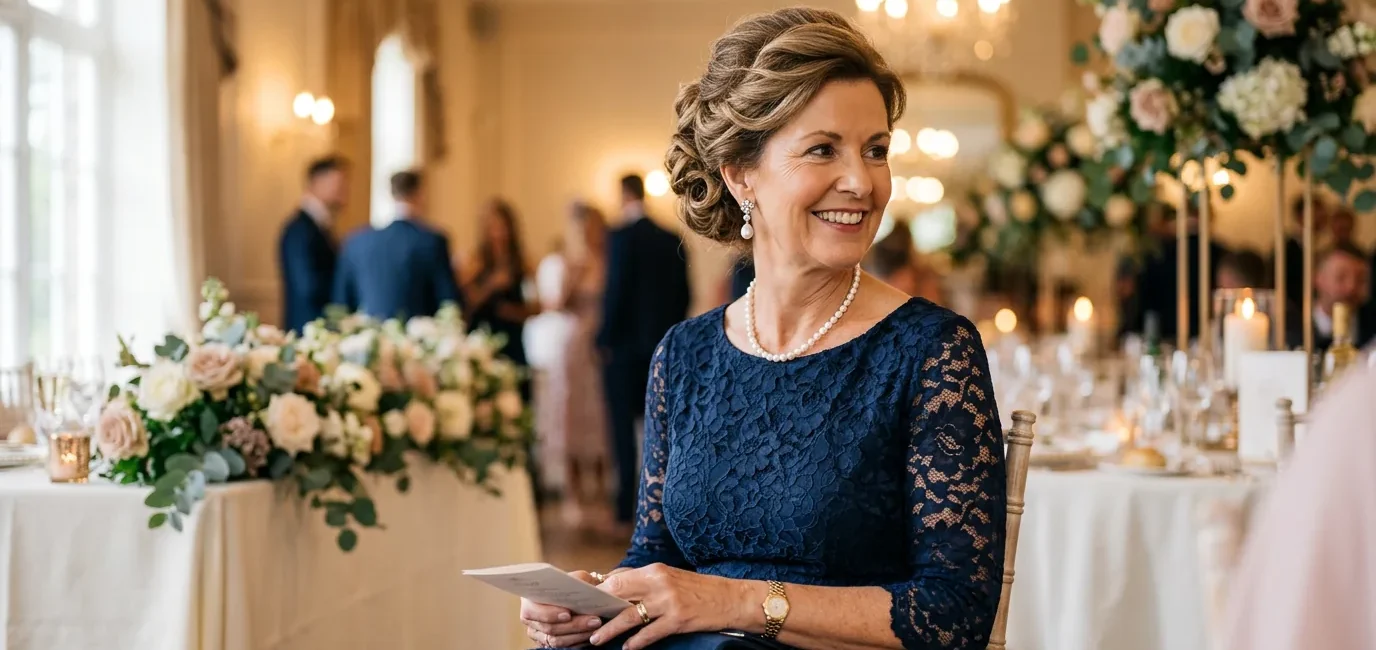 Mature woman with sophisticated updo hairstyle wearing pearl earrings at wedding venue