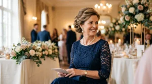 Mature woman with sophisticated updo hairstyle wearing pearl earrings at wedding venue