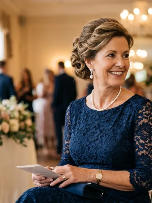 Mature woman with sophisticated updo hairstyle wearing pearl earrings at wedding venue