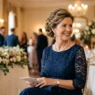 Mature woman with sophisticated updo hairstyle wearing pearl earrings at wedding venue