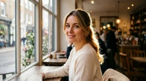 Woman with elegant low ponytail and face-framing layers in soft cafe window lighting