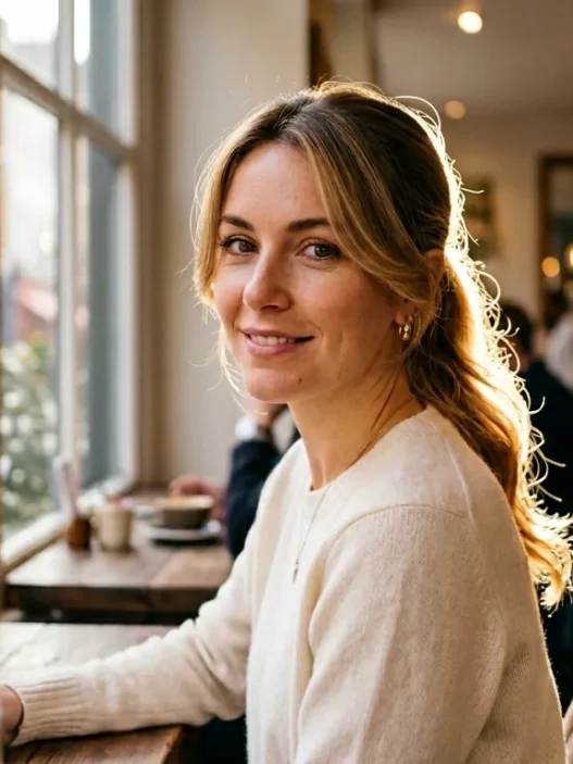 Woman with elegant low ponytail and face-framing layers in soft cafe window lighting