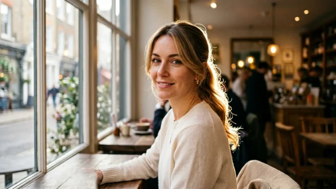 Woman with elegant low ponytail and face-framing layers in soft cafe window lighting