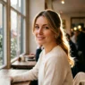 Woman with elegant low ponytail and face-framing layers in soft cafe window lighting