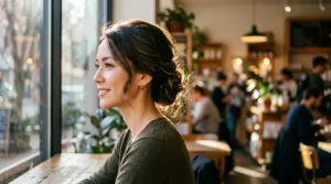 Woman with sophisticated updo hairstyle in natural cafe window lighting showing neck and jawline