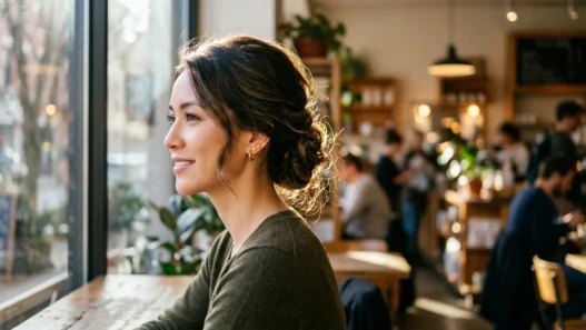 Woman with sophisticated updo hairstyle in natural cafe window lighting showing neck and jawline