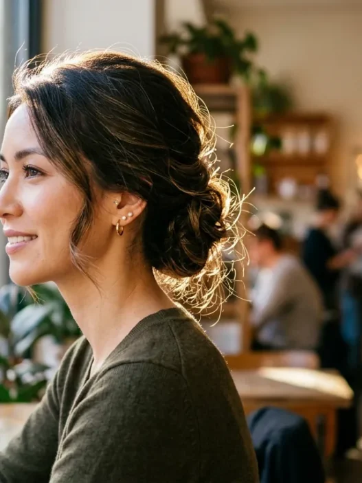 Woman with sophisticated updo hairstyle in natural cafe window lighting showing neck and jawline