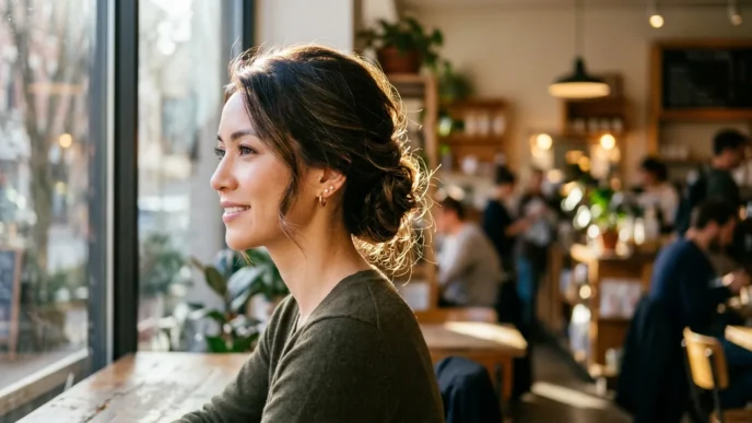 Woman with sophisticated updo hairstyle in natural cafe window lighting showing neck and jawline