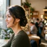 Woman with sophisticated updo hairstyle in natural cafe window lighting showing neck and jawline