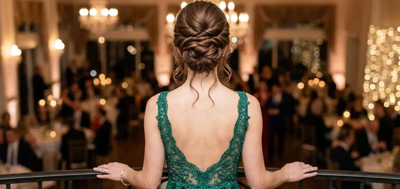 Woman from behind showing sophisticated updo hairstyle on medium length hair in evening setting