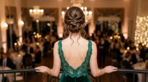 Woman from behind showing sophisticated updo hairstyle on medium length hair in evening setting