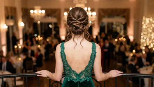 Woman from behind showing sophisticated updo hairstyle on medium length hair in evening setting