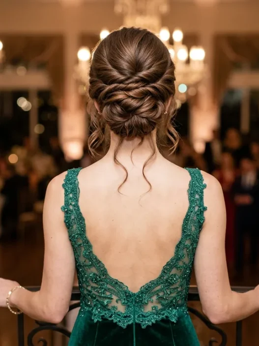 Woman from behind showing sophisticated updo hairstyle on medium length hair in evening setting