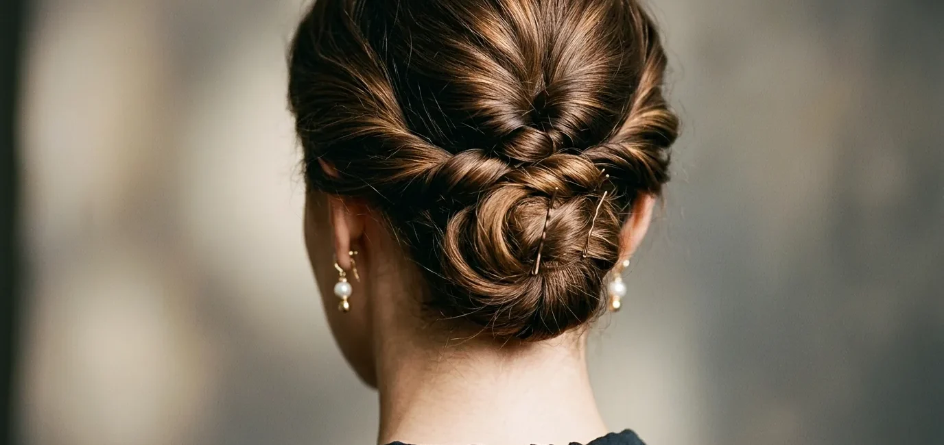 Woman showing elegant updo at nape with twisted sections and strategic pin placement