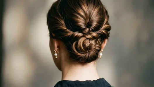 Woman showing elegant updo at nape with twisted sections and strategic pin placement