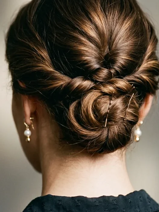 Woman showing elegant updo at nape with twisted sections and strategic pin placement