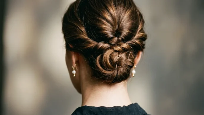 Woman showing elegant updo at nape with twisted sections and strategic pin placement