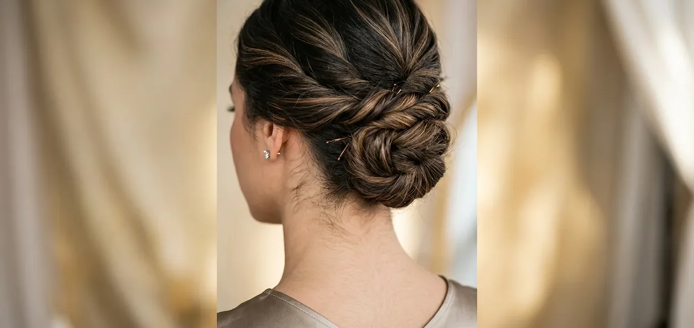Close-up view of elegant updo at nape of neck showing intricate pin placement and twisted hair sections