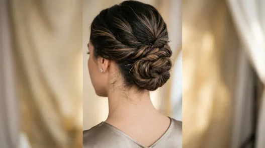 Close-up view of elegant updo at nape of neck showing intricate pin placement and twisted hair sections